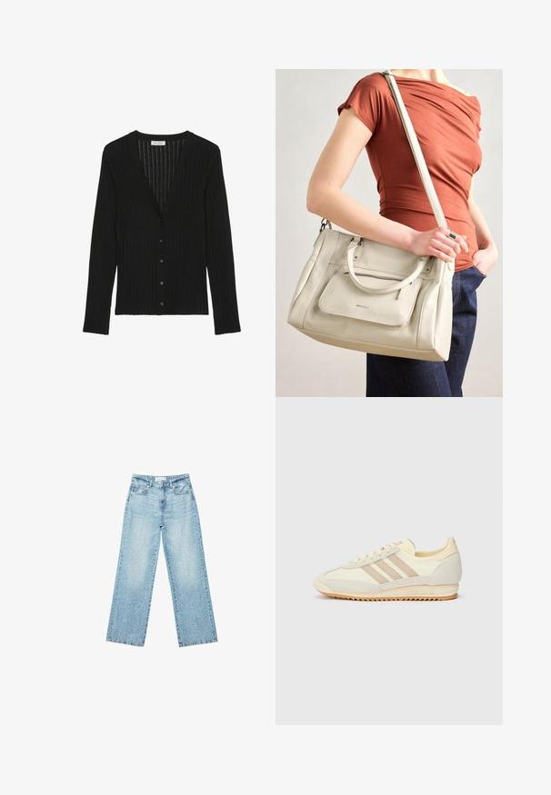 Čierny rebrovaný kardigán s dlhým rukávom, V-výstrihom a predným zapínaním na gombík, vyrobený značkou Marc O'Polo.; Biela tričko s krátkym rukávom a širokým okrúhlym výstrihom, s textúrovaným rebrovaným vzorom, vyrobené z mäkkej látky, s uvoľneným strihom a čistým dizajnom.; Svetlomodré džíny s širokými nohavicami a vysokým pásom, so zosvetlenou úpravou a malými, rozptýlenými poškodenými detailmi po celom obvode.; Krémové športové tenisky s tromi béžovými pruhmi, z kombinácie semišu a textilného materiálu, so štruktúrovanou podrážkou a reliéfne navrhnutým logom na päte.; Biela kožená kabelka s dvojitými uchami a odnímateľným popruhom, obsahujúca prednú zipovú kapsu a hladkú textúru. Nesie sa na ramene osoby.