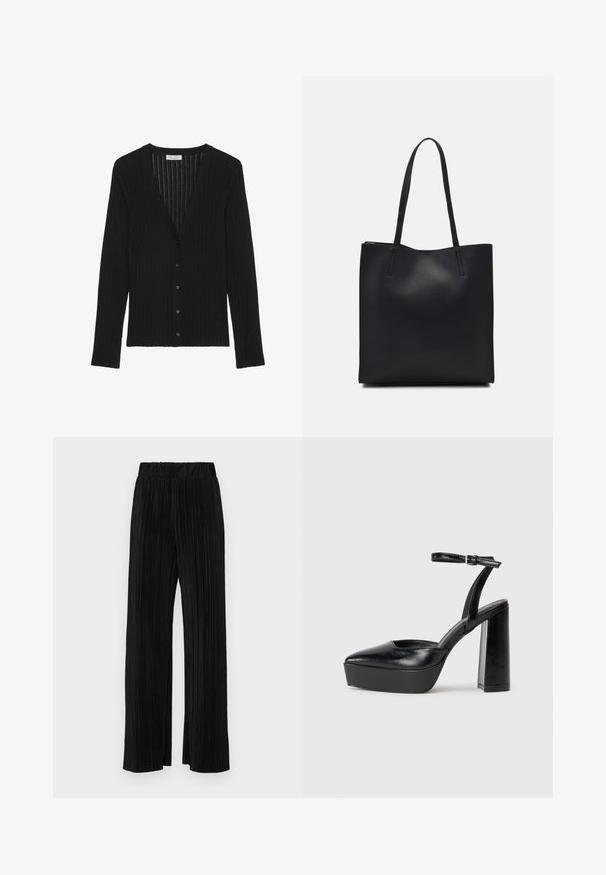 Crna rebrasta kardigan jakna dugih rukava s V-izrezom i prednjim zatvaranjem na gumbe, proizvedena od strane Marca O'Poloa.; Crna pamučna majica s kratkim rukavima, s malim grafičkim prikazom ružičaste vjetricaste s desne strane na prsima. Dizajn s okruglim izrezom i opuštenim krojem.; Crne plisirane hlače s elastičnim pojasom. Imaju široke nogavice i glatku, teksturiranu tkaninu s vertikalnim prugama.; Crne platforme s potpeticom s oštrim vrhom i podešivom naramenicom. Izrađene od glatke kože, s masivnom blok petom.; Crna kožna torba za nošenje s glatkom teksturom, pravokutnim oblikom i dvije duge ručke. Nema vidljivih metalnih dijelova ili ukrasa.