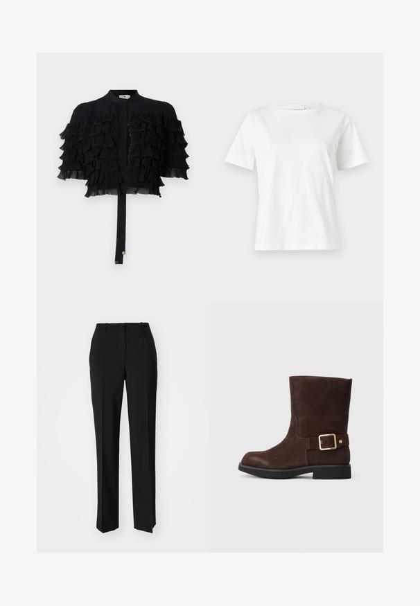 Črna skrajšana jakna z nabranimi šifon rokavi, okroglo izrezom in sprednjim vezanjem z zlatimi dodatki.; Bela bombažna majica s kratkimi rokavi, okroglo izrezana in ohlapnega kroja. Gladka tekstura, brez vzorcev ali dodatkov, minimalističen dizajn.; Črne krojene hlače s direktnim krojem, ki se ponašajo z gladko teksturo in ostrimi pregibi spredaj. Ni vidne kovine.; Rjavi semiš gležnjača s zaobljenim nosom, ravnim črnim podplatom in zlatim zaponko na strani. Gladka tekstura in preprost dizajn.