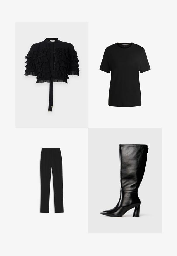 Schwarze kurz geschnittene Jacke mit Rüschenschiffonärmeln, runder Ausschnitt und einer vorderen Bindeschließe mit goldenen Hardware-Akzenten.; Schwarzes kurzärmliges T-Shirt aus weichem Baumwollstoff mit Rundhalsausschnitt und glatter Textur. Einfaches Design ohne Muster oder Akzente.; Schwarze maßgeschneiderte Hose mit geradem Bein, ausgestattet mit Fronttaschen und einem glatten, strukturierten Stoff. Saubere, minimale Details.; Knöchelhohe schwarze Lederstiefel mit einer spitzen Zehe, glatter Oberfläche und einem klobigen Absatz. Verfügt über einen Reißverschluss hinten.