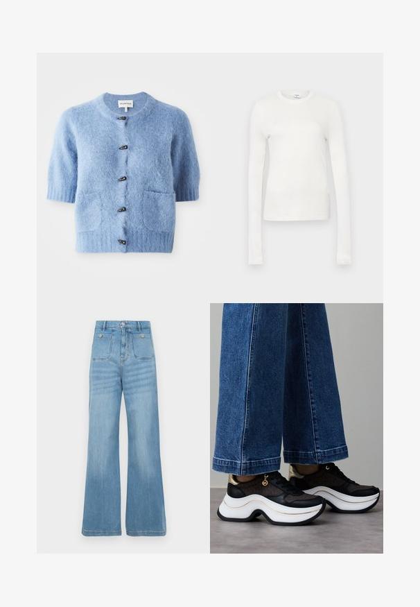 Blå kortärmad kofta gjord av mjukt, fluffigt material. Har rund halsringning, två framfickor och svarta knappdetaljer.; Vit långärmad t-shirt i mjuk bomull. Har rund halsringning, åtsittande silhuett och slät textur. Inga mönster eller dekorationer.; Ljust blå denimjeans med vida ben, med två framfickor och två bakfickor, avslutade med rå kant och knappstängning.; Svart- och guldsneakers med en krökt vit sula. Texturerat tyg med logotypaccenter. Kombinerade med vida blå jeans.