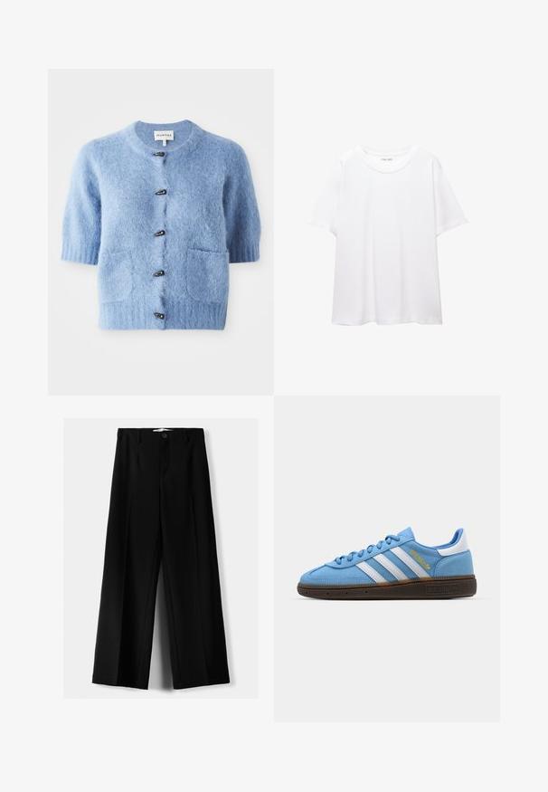 Blaues Kurzarm-Cardigan aus weichem, flauschigem Material. Mit rundem Ausschnitt, zwei vorderen Taschen und schwarzen Knopf-Details.; Ein schlichtes, weißes T-Shirt aus Baumwolle mit rundem Halsausschnitt, kurzen Ärmeln und lockerer Passform. Glatte Textur ohne Muster oder Akzente.; Schwarze weite Hosen aus leichtem Stoff, mit einem Knopfverschluss vorne und flachem Bund, mit sorgfältig genähten Säumen.; Helles blaues Wildleder-Sneaker mit weißen Lederstreifen, einer braunen strukturierten Sohle und goldenen Logodetails. Niedrig geschnittenes Design mit runder Zehenpartie.