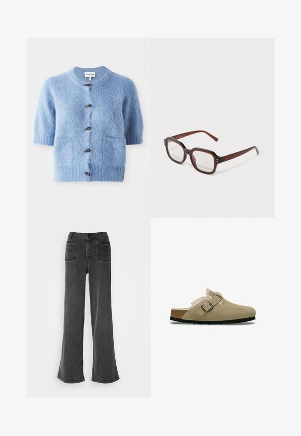 Blå kortærmet cardigan lavet af blødt, fluffy materiale. Har en rund halsudskæring, to frontlommer og sorte knapdetaljer.; Sort ærmeløs turtleneck top, lavet af glat stof. Figurtilpasset design med høj hals og lige kant, minimalistisk og ensfarvet.; Høj talje, brede ben sorte jeans lavet af denim, med knaplukning, bæltestropper og to baglommer med syninger.; Beige clogs med en glat suede-overdel, en blød pelsforing og en sidelås. Korkfodseng, sort gummisål og design med rund tå.; Brune halvtransparente rektangulære briller med klare linser, svag lilla refleksion og små guld dekorative prikker i de forreste hjørner.