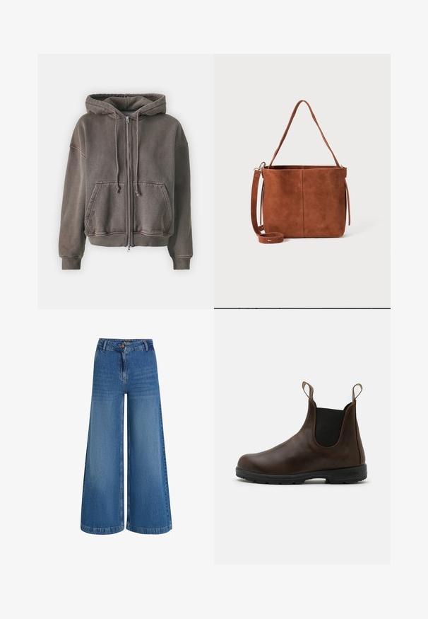Samsøe Samsøe SAVA HOODIE - Sweatjakke - chocolate torte; Hvid langærmet skjorte lavet af ribbet stof, med runde udskæring og tætsiddende pasform. Ingen mønstre eller accenter er til stede.; Bredde denimbukser i lyseblå, med høj talje, frontknaplukning og subtil fading langs stoffet for tekstur.; Brune læder ankelstøvle med elastiske sidepaneler, pull-tabs og struktureret gummisål. Har et elegant, afrundet tådesign.; Brun ruskinds-bucket taske med en enkelt skulderrem og en aftagelig crossbody-rem. Glat tekstur og minimalistisk design uden synlige beslag.
