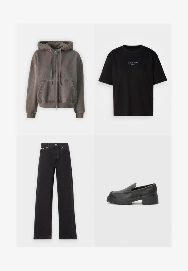 Samsøe Samsøe SAVA HOODIE - Mikina na zip - chocolate torte; Černé bavlněné tričko s kulatým výstřihem a krátkými rukávy, s modrou vyšitou nášivkou "Calvin Klein JEANS" na přední straně.; Černé široké jeansy vyrobené z denimu, s vysokým pasem, pěti kapsami a kovovým zapínáním s kontrastním prošíváním.; Černé kožené mokasíny s okrouhlou špičkou, silnou strukturovanou podrážkou a minimálními detaily šití. Elegantní design bez viditelných tkaniček nebo kovových prvků.