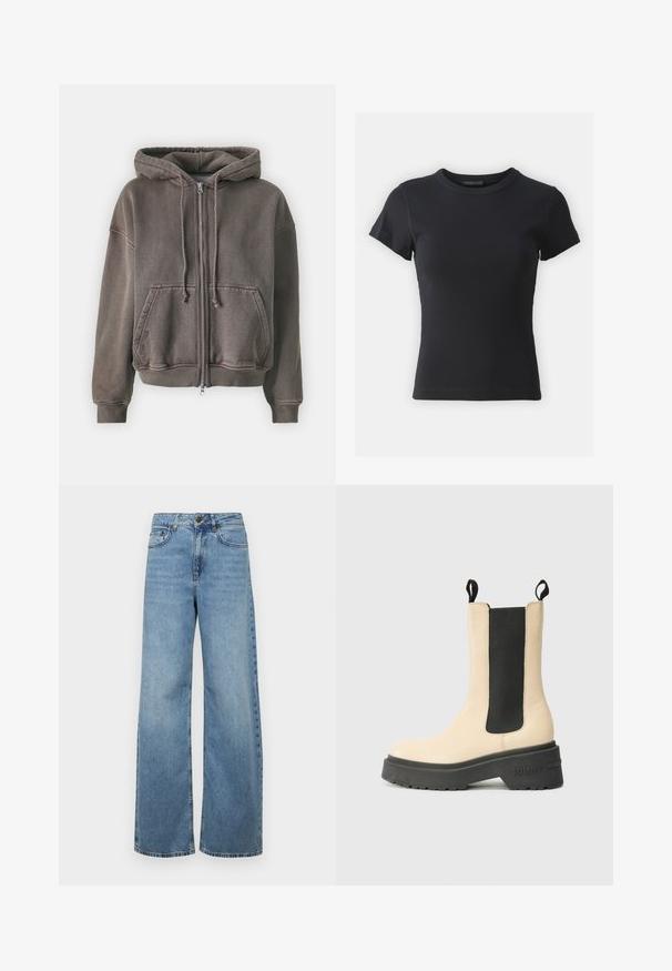 Samsøe Samsøe SAVA HOODIE  - Majica s kapuljačom i patentnim zatvaračem - chocolate torte; Crni rebrasti majica s okruglim izrezom i kratkim rukavima, koja ima usku siluetu i glatku teksturu. Jednostavan dizajn, bez uzoraka.; Svijetloplave traper hlače širokih nogavica, visokog struka, sa prednjim džepovima i klasičnim dizajnom s pet džepova, s blagim izbljeđivanjem.; Bež ankel čizma s crnim elastičnim bočnim panelom i gumenim đonom, koja ima istaknuti logo branda na peti. Jednostavan, moderan dizajn.