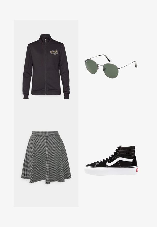 Felpa nera con zip e colletto alto, caratterizzata da un design ricamato decorativo sul petto e polsini e orlo a costine.; Due magliette senza maniche, in bianco e nero, realizzate in cotone a coste, con colli rotondi e un design aderente. Etichette visibili su entrambe.; Gonna a pallini bianco e nera in stile skater con vita aderente e orlo svasato, realizzata in tessuto testurizzato che presenta un motivo classico.; Scarpe da ginnastica nere alte con lacci bianchi, un logo bianco e cuciture bianche a contrasto. Presentano una suola bianca spessa e una parte superiore in suede textured.; Occhiali da sole con montatura in metallo e lenti verdi ovali. Montatura sottile in metallo argento e terminali neri. Design minimalista, senza loghi visibili.