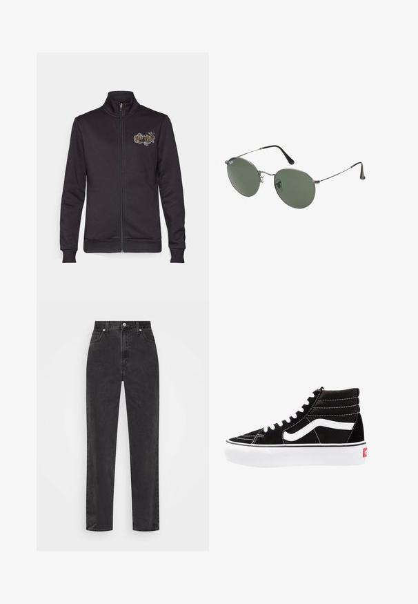 Felpa nera con zip e colletto alto, caratterizzata da un design ricamato decorativo sul petto e polsini e orlo a costine.; Due magliette senza maniche, in bianco e nero, realizzate in cotone a coste, con colli rotondi e un design aderente. Etichette visibili su entrambe.; Jeans in denim nero a gamba dritta con vita alta, bottone e cerniera frontali, e cinque tasche su uno sfondo bianco.; Scarpe da ginnastica nere alte con lacci bianchi, un logo bianco e cuciture bianche a contrasto. Presentano una suola bianca spessa e una parte superiore in suede textured.; Occhiali da sole con montatura in metallo e lenti verdi ovali. Montatura sottile in metallo argento e terminali neri. Design minimalista, senza loghi visibili.