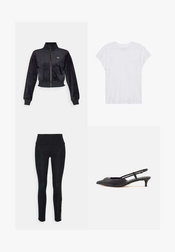 Guess COUTURE FULL ZIP - Mikina so zipsom - jet black; Biela krátka rukávová tričko s okrúhlym výstrihom, voľný strih, vyrobené z jemnej bavlnenej látky. Hladká textúra, bez vzorov alebo log.; Čierne legíny s vysokým pásom, vyrobené z hladkej tkaniny. Na boku majú potlačené logo značky. Navrhnuté pre pohodlie a flexibilitu.; Čierne slingback topánky s ostrou špičkou, vyrobené z hladkého materiálu, so malým podpätkom a dekoratívnym strieborným akcentom na priehlavku.