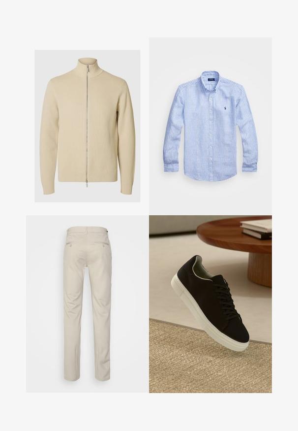Beige zip-up genser med høy krage, ribbestruktur og tettsittende mansjetter. Stoffet er strikket med et subtilt mønster, og har en sølvglidende glidelås.; Blå og hvit stripete langermet skjorte laget av bomull, med knappekrage, frontknapper og en liten brodert logo på brystet.; Beige bukser med en glat tekstur, lige snit, to baglommer med knapper og en standard talje.; Svart sneakers med hvit såle som svever over en beige teksturert teppe nær et rundt trebord med stablede bøker.