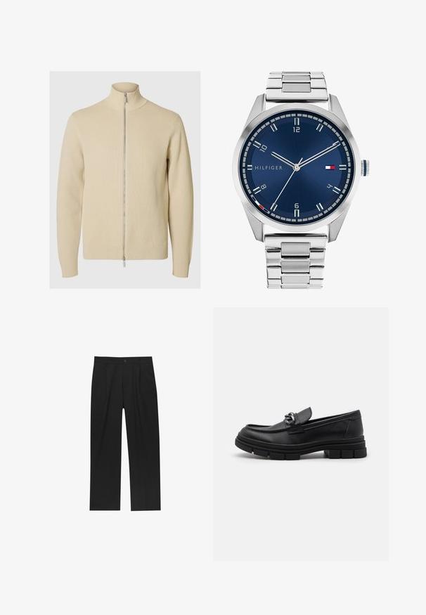 Beige színű, cipzáros pulóver magas gallérral, bordázott textúrával és testhez simuló mandzsettával. Az anyag finom mintázattal kötött, ezüst színű cipzárral.; Nyolc darabból álló fekete pamut pólókészlet rövid ujjakkal és kerek nyakkal, sima kialakítással és puha felülettel.; Fekete nadrág egyenes szárú kialakítással, sima anyagból készült. Elöl redők és egy gombos záródás található a derékon.; Fekete bőr mokaszín, lekerekített orral, díszes pánttal és fém kiegészítővel, valamint vastag, texturált talppal. Simább felület, finom részletezéssel.; Ezüst színű fém óra kék, kefélt számlappal, fehér órijjelezőkkel és dátumkijelzővel. Fém, láncolt szíj és márkalogó jellemzi.