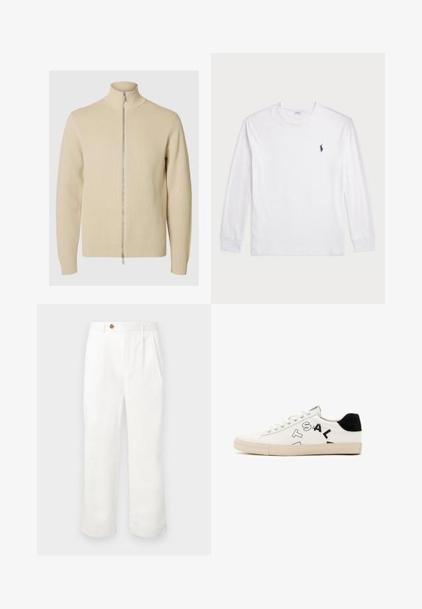 Beige zip-up sweater with a high collar, ribbed texture, and fitted cuffs. The fabric is knit with a subtle pattern, featuring a silver zipper.; White long-sleeve T-shirt made of cotton. Features a round neckline, ribbed cuffs, and a small navy blue polo logo on the left chest.; White cotton trousers with a straight cut, featuring two front pleats, a single button closure, and side pockets. Smooth texture.; White leather sneaker with black accents at the heel, featuring bold black lettering on the side and a rubber sole. Minimalist design.