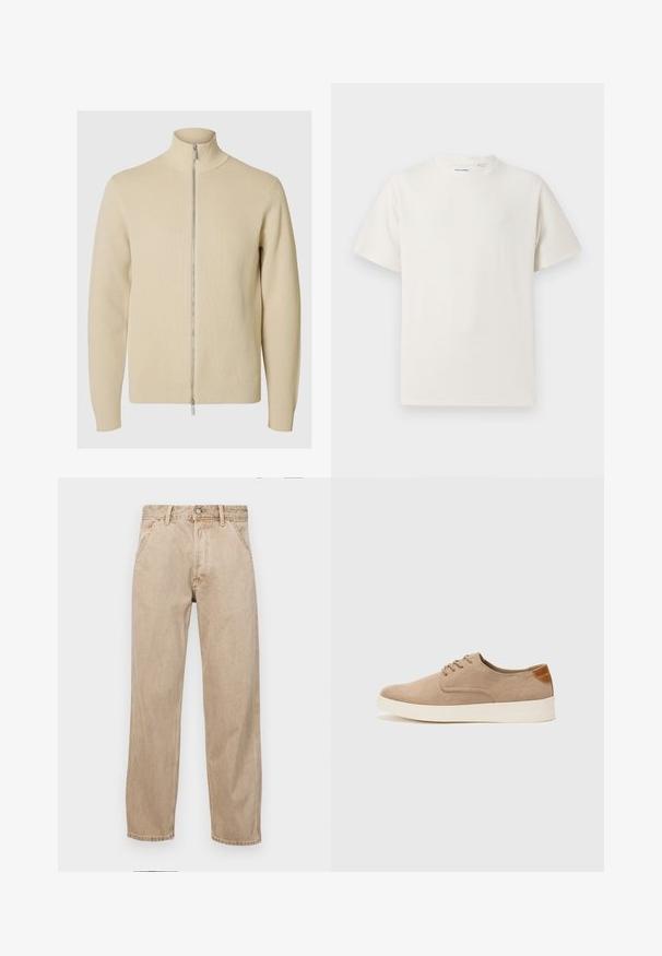 Béžový zapínací sveter s vysokým golierom, rebrovanou textúrou a priliehavými manžetami. Tkanina je pletená s jemným vzorom a obsahuje strieborný zips.; Biela krátka tričko s krátkym rukávom so žebrovanou textúrou. Okrúhly výstrih, uvoľnený strih, žiadne viditeľné vzory ani akcenty. Jednoduchý a všestranný dizajn.; Bežové denimové rifle so strihom rovného nohu, s prednými vreckami, kovovým zapínaním na gombík a jemnou textúrou.; Béžové semišové tenisky s okrúhlou špičkou, šnurovaním vpredu a textúrovaným zadným akcentom. Biela gumová podrážka poskytuje kontrast. Jednoduchý a moderný dizajn.
