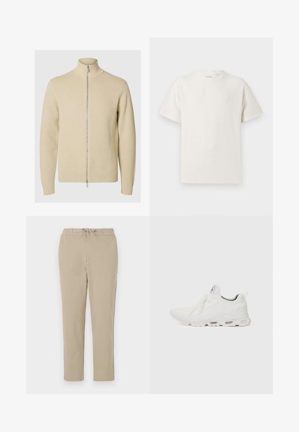 Pull en beige à fermeture éclair avec un col montant, texture côtelée et poignets ajustés. Le tissu est tricoté avec un motif subtil, doté d'une fermeture éclair argentée.; T-shirt blanc à manches courtes en texture côtelée. Encolure ronde, coupe décontractée, sans motifs ni accents visibles. Design simple et polyvalent.; Pantalons lounge beiges avec une taille élastique et un cordon de serrage, présentant une coupe droite et une texture douce et lisse.; Baskets blanches de sport avec un dessus en maille texturée, des lacets plats et une semelle rembourrée avec des chambres à air visibles pour un soutien supplémentaire.