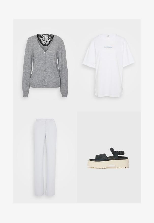 Γκρι κάρντιγκαν από μαλακό πλεκτό υλικό, με V λαιμόκοψη, πετροκέρασα κουμπιά και μαύρη δαντέλα στη λαιμόκοψη. Περιλαμβάνει μακριά μανίκια.; Λευκό βαμβακερό t-shirt με χαμηλούς ώμους, που διαθέτει εκτύπωση σε ανοιχτό μπλε χρώμα με την ένδειξη "FEMME" στο στήθος. Κλασική στρογγυλή λαιμόκοψη και χαλαρή εφαρμογή.; Ανοιχτό γκρι παντελόνι με ίσια γραμμή, κατασκευασμένο από λείο ύφασμα, με επίπεδο μπροστινό μέρος, ζώνη στη μέση και χωρίς ορατές διακοσμήσεις.; Μαύρα σουέτ παπούτσια πλατφόρμας με χοντρή λευκή σόλα, πλατιά μπροστινή λωρίδα και ρυθμιζόμενο κούμπωμα στον αστράγαλο. Με υφή στη σόλα για καλύτερη πρόσφυση.