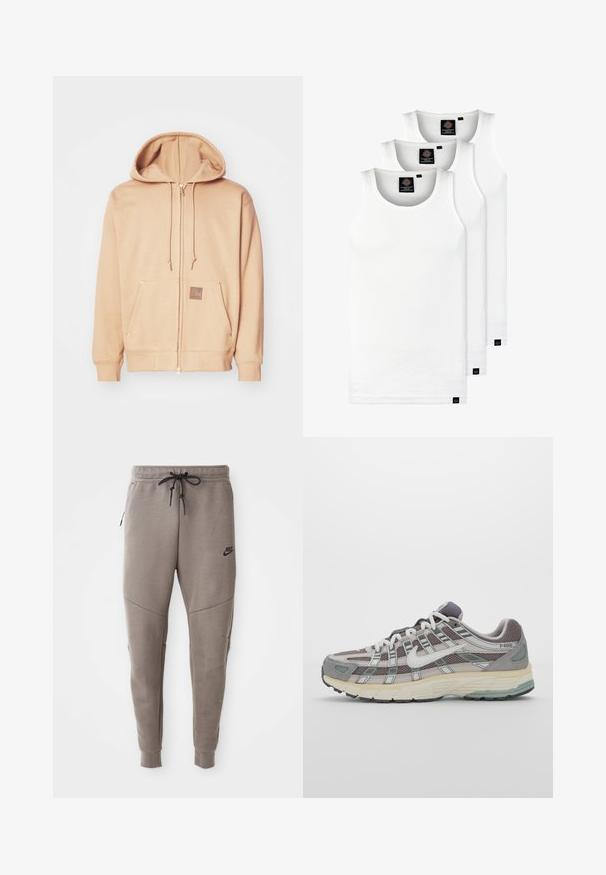 Bežs zip-up džemperis, izgatavots no mīkstas auduma, ar kapuci, kas regolējama ar aukliņu, priekšējiem kabatām ar zelta akcentiem un brūnu logotipa uzlīmi.; Trīs baltas ribotas krūšturi, kas izgatavoti no kokvilnas. Iezīmēti ar apaļu kakla izgriezumu un maziem melniem etiķetēm tuvu apakšmalai. Pieejami vairākos izmēros.; Pelēki Nike sporta bikses ar aukliņu viduklī, sašaurinātiem galiem, sānu kabatām un izteiktām šuvēm. Mīksta, teksturēta auduma.; Pelēkie sporta apavi ar tīkla un zamša augšdaļu, baltiem akcentiem, mīkstinātu zoli un izcilu dizainu ar atstarotājiem.