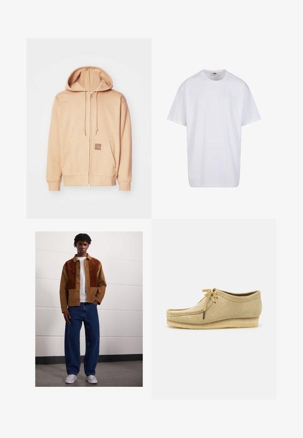 Bežová mikina na zips vyrobená z jemnej látky, so sťahovacou kapucňou, prednými vreckami so zlatými akcentmi a hnedou nášivkou loga.; Biela bavlnená tričko s krátkymi rukávmi, okrúhlym výstrihom, uvoľneným strihom a žiadnymi viditeľnými logami alebo vzormi. Hladká textúra a minimálny dizajn.; Muž stojí vo vnútorných priestoroch, oblečený v hnedých kordových sako so sivými škvrnami, biele tričko, voľné modré džínsy a biele tenisky.; Bežové semišové topánky s dizajnom na šnurovanie, prešívaním a gumovou podrážkou. Tvar je neformálny s mierne vyvýšeným opätkom.