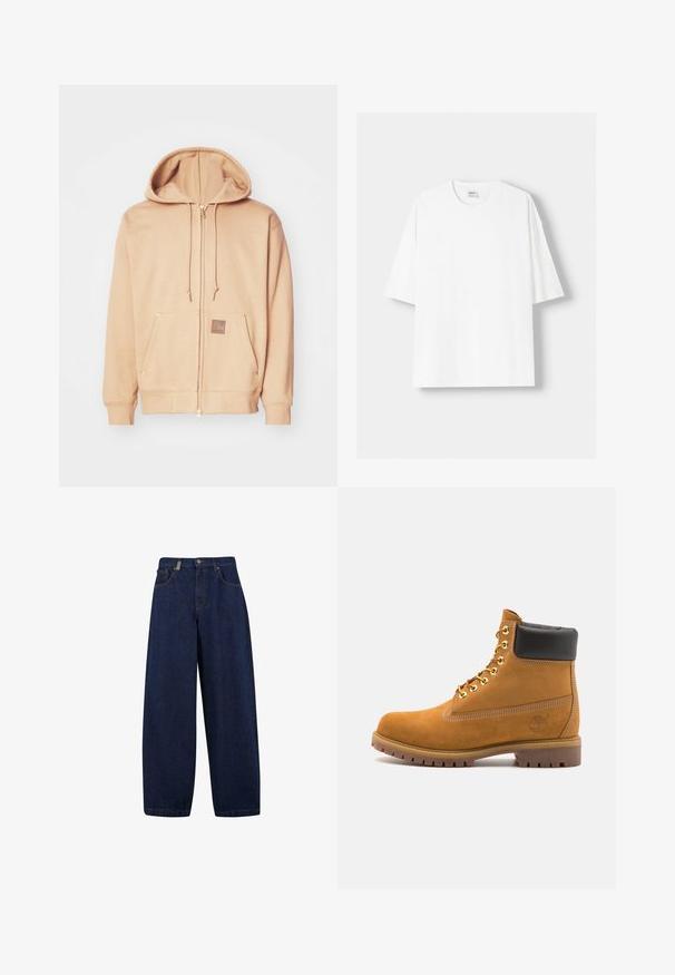 Bežna zip-up kapuca iz mehkega blaga, z nastavljivo kapuco, sprednjimi žepi z zlatimi detajli in rjavim logotipom.; Bela kratka majica s kratkimi rokavi iz bombaža, s krožnim izrezom in sproščenim krojem. Gladka tekstura, brez vidnih vzorcev ali poudarkov.; Opuščene temno modre kavbojke z visokim pasom, sprednjimi žepi in ravnim krojem nog. Vključuje srebrne dodatke in minimalno šivanje.; Svetlo rjave anklne čizme iz semiša z črnim oblazinjenim ovratnikom, zlatimi kovinskimi očesci, belimi šivi in robustnim gumijastim podplatom s izrazitimi tredi.
