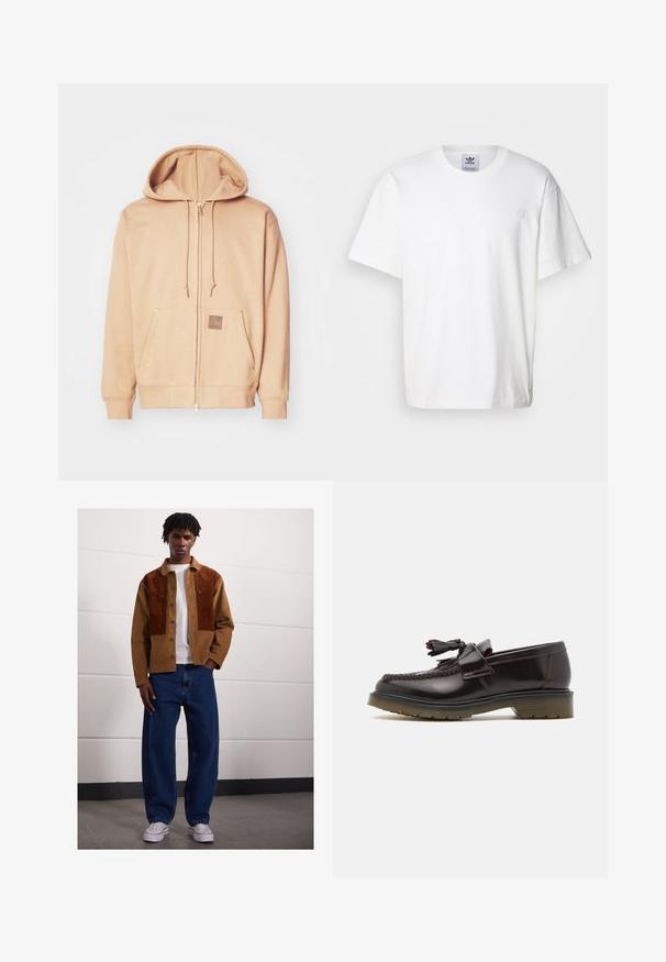Bežová mikina na zips vyrobená z jemnej látky, so sťahovacou kapucňou, prednými vreckami so zlatými akcentmi a hnedou nášivkou loga.; Biele bavlnené tričko s okrúhlym výstrihom a krátkymi rukávmi. Obsahuje malé vyšívané logo na hrudi. Jednoduchý a klasický dizajn.; Muž stojí vo vnútorných priestoroch, oblečený v hnedých kordových sako so sivými škvrnami, biele tričko, voľné modré džínsy a biele tenisky.; Hnedé kožené mokasíny s tkaným vzorom, detailom s třásňami a plochou gumovou podrážkou. Majú hladký povrch a kontrastné švy.