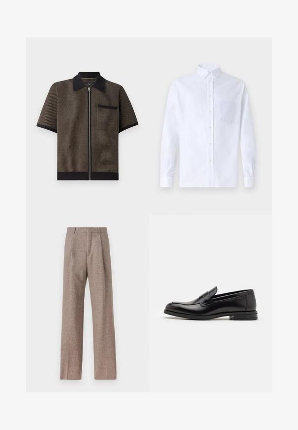 Koszulka z krótkim rękawem, zapinana na zamek, w brązową paskowaną tkaninę z czarnym kołnierzykiem i kieszenią, z teksturowanym materiałem i detalami ściągacza przy dołach.; Biała koszula z długim rękawem na guziki, wykonana z bawełny, z kieszonką na piersi z tonowym haftem, kołnierzykiem i zapięciem na guziki przy mankietach.; Brązowe, wysokiej talii spodnie wykonane z teksturowanej tkaniny. Posiadają szerokie nogawki i dwa przednie zakładki dla lepszej struktury. Starannie wykończone, bez widocznych elementów metalowych.; Czarne skórzane mokasyny o gładkiej fakturze, zaokrąglonym nosku i dekoracyjnym pasku na przodzie. Niski, warstwowy obcas, minimalistyczny design.