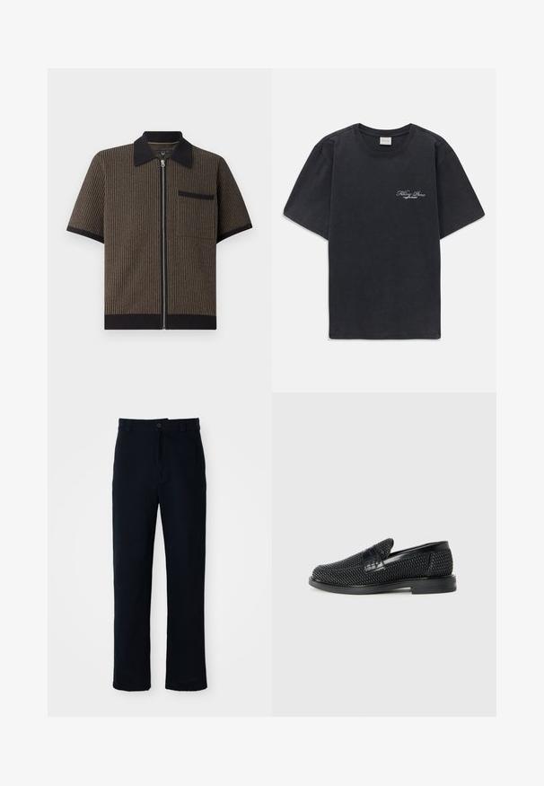 Trumpas rankovės, su užtrauktuku marškiniai rudiem dryžiu su juodu apykakle ir kišene, pasižymintys tekstūruotu audiniu ir rubu apdailos detalėmis.; Juodas trumpomis rankovėmis, apvaliu kaklu marškinėliai su mažu baltu "Filling Pieces" tekstiniu logotipu kairiajame krūtinės kampe.; Tamsiai mėlynos medvilninės kelnės, turinčios tiesioginį kirpimą, priekyje užsegamos mygtuku ir klasikine juosta su dirželio kilpom.; Juodas pintas slip-on tipo batelis su lygiu odiniu akcentu viršuje, apvalios nosies dizainas ir žemas guminis padas.