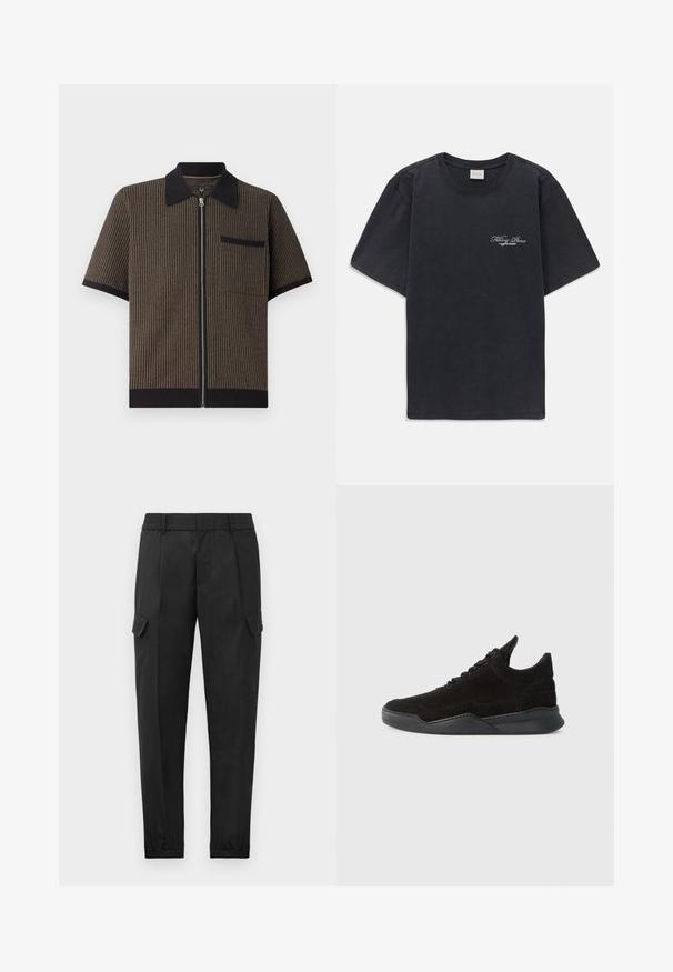 Camicia a maniche corte con zip in tessuto a righe marrone, con colletto e tasca neri, caratterizzata da un materiale testurizzato e dettagli a costine all'orlo.; T-shirt nera a maniche corte con collo rotondo, dotata di un piccolo logo bianco "Filling Pieces" sul lato sinistro del petto.; Pantaloni cargo neri con vita elastica, gamba affusolata, tasche laterali e una tasca cargo singola sulla coscia sinistra. Tessuto morbido.; Sneaker in suede nera con profilo basso, tomaia testurizzata, lacci piatti e suola in gomma solida con un leggero tacco e design curvato.