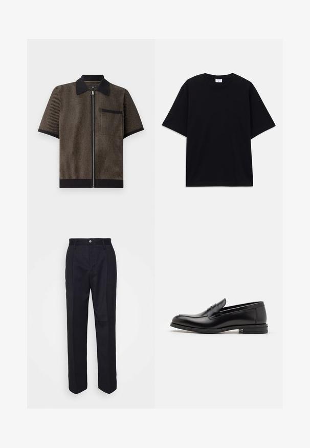 Short-sleeve, zip-up shirt in brown striped fabric with a black collar and pocket, featuring textured material and ribbed hem details.; Black short-sleeve oversized T-shirt with round neckline and visible Filippa K brand label inside the collar.; Black tailored trousers with a straight-leg design, made of smooth fabric, featuring a front button closure and two side pockets.; Black leather loafers with a smooth texture, rounded toe, and a decorative strap across the vamp. Low stacked heel, minimalist design.