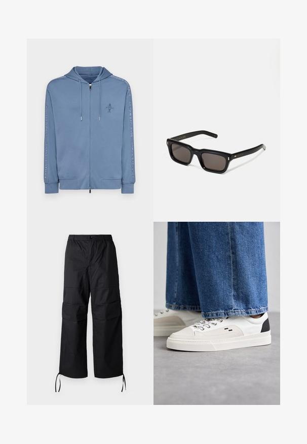 Light blue zip-up hoodie made of soft fabric, featuring a front logo, and text along the sleeves. It has a drawstring hood and ribbed cuffs.; Black cotton T-shirt featuring a round neckline, short sleeves, and "EMPORIO ARMANI" logo in white above "Milano" in a curved design.; Black cargo pants made of lightweight fabric, featuring wide legs, elastic waistband, and adjustable drawcords at the cuffs. Two side pockets.; White and black sneakers with a smooth leather upper, textured accents, and a chunky white sole. Features a classic lace-up design.; Black rectangular sunglasses with dark lenses, thick plastic frame, gold accents on temples, and brand logo engraved on the arm.