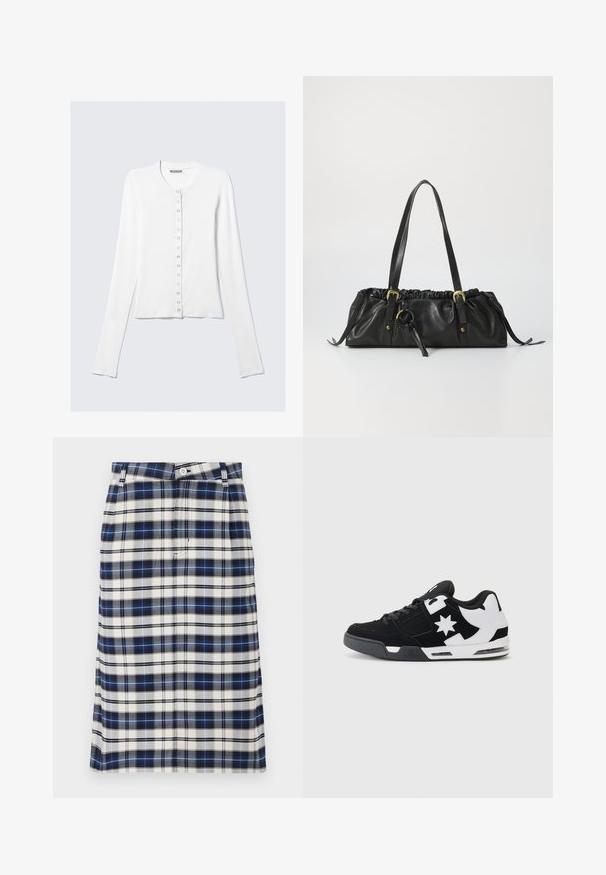 Witte lange mouwen cardigan van zachte stof, met een ronde halslijn en een rij knoopsluitingen aan de voorkant.; Twee katoenen crop tops in wit en zwart. Elke top heeft een diepe halslijn en dunne schouderbandjes, met een gladde, zachte textuur.; Geruite rok in marineblauw, wit en grijs. Heeft een rechte snit, knoopsluiting en een subtiele textuur met een ruitpatroon.; Zwarte en witte sneaker van suede en mesh materiaal. Voorzien van een prominent sterrenlogo en gedurfde accenten op de zijkant, met een gevoerde zool.; Zwarte leren handtas met een geraffineerde bovenkant, twee schouderbanden, gouden hardware en een centrale ronde accent. Gladde textuur, compacte vorm.