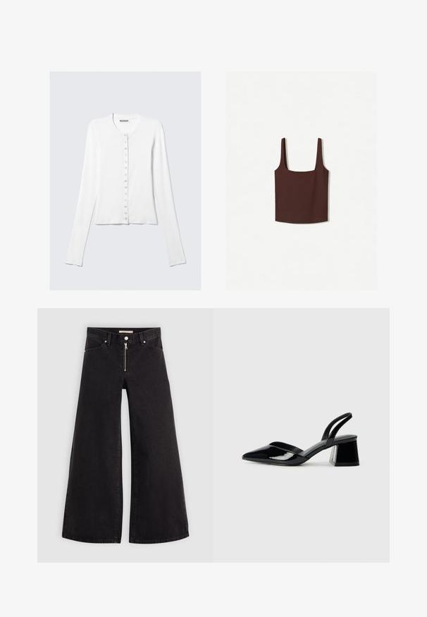 Dolge rokave bele kardigan iz gladkega materiala, z okroglo izreznico in vrsto gumbov po sprednji strani.; Rjava majica s kvadratnim izrezom in širokimi naramnicami, izdelana iz mehkega materiala. Enostaven dizajn, brez vzorcev ali okraski.; Široke traperice iz črnega denima z zadrgo spredaj, petimi žepi in diskretnimi šivi. Gladka tekstura in ležeren slog.; Črne lakirane slingback pete s koničastim nosom in geometrijsko blokasto peto. Imajo eleganten, minimalističen dizajn in gladko teksturo.