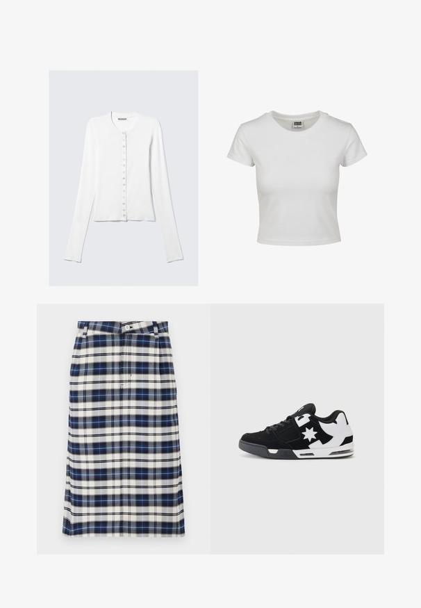 Jachetă albă cu mâneci lungi, realizată dintr-un material neted, cu guler rotund și o serie de nasturi pe față.; Tricou alb din bumbac cu guler clasic, mâneci scurte și o croială fitted. Fără modele sau accente vizibile.; Fustă în carouri, în nuanțe de albastru închis, alb și gri. Are o siluetă dreaptă, închidere cu nasture și o textură subtilă cu un model în grilă.; Adidași alb-negru din material suede și plasă. Au un logo proeminent în formă de stea și accente îndrăznețe pe lateral, cu o talpă căptușită.