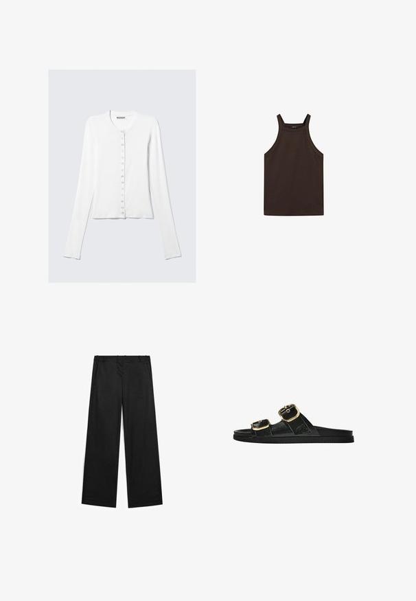 Cardigan bianco a maniche lunghe realizzato in tessuto liscio, con scollatura tonda e una fila di bottoni lungo la parte frontale.; Massimo Dutti HALTER NECK - Top - dark brown; Pantaloni neri a gamba larga realizzati in un tessuto misto cotone, con una trama liscia, tasche frontali e dettagli di cucitura minimal.; Infradito neri con due accenti di fibbia dorata, materiale dalla texture liscia, suola piatta e design minimalista.