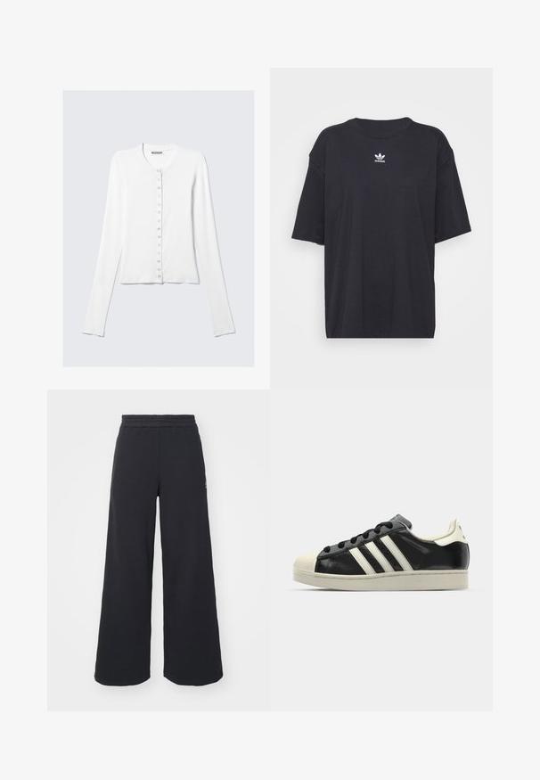 Cardigan blanc à manches longues en tissu lisse, avec un col rond et une rangée de boutons sur le devant.; T-shirt en coton noir à manches courtes, col rond, avec un logo Adidas blanc sur la poitrine. Design simple, coupe décontractée.; Pantalons de survêtement larges noirs en tissu doux, dotés d'une taille élastique et d'un petit logo sur le côté gauche.; Baskets en cuir noir avec des rayures blanches, embout en caoutchouc, lacets noirs et semelle extérieure crème. Texture lisse avec une finition brillante.