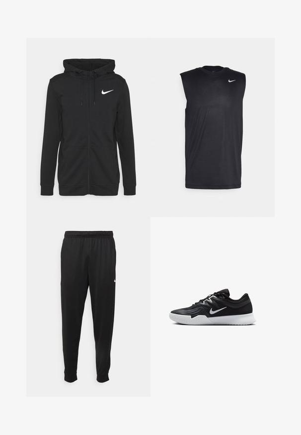 Črna zip-up kapuca iz mehkega materiala, z sprednjo žepno, nastavljivo kapuco s šnuro in belim Nike logotipom na prsih.; Črna brezrokavna športna majica iz gladkega materiala, s krožnim izrezom in majhnim belim Nike logotipom v obliki kljukice na zgornji levi strani.; Črne športne hlače iz gladkega materiala, z elastičnim pasom, zoženimi hlačnicami in majhnim belim logotipom na levi strani.; Črne atletske čevlje z teksturirano zgornjico, belim Nike znakom in belim gumijastim zunanjim podplatom. Imajo vezalni dizajn in dinamično obliko.