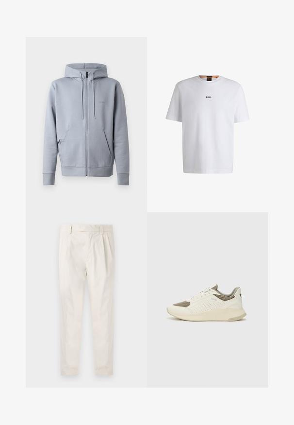 Pilka zip-up gobtuvė su lygiu paviršiumi, gobtuvu, dviem priekinėmis kišenėmis ir išsikišusiomis rankovėmis. Yra mažas išsiuvinėtas logotipas ant krūtinės.; Balta medvilninė marškinėliai trumpomis rankovėmis, su juodu "BOSS" logotipu, centruotu ant krūtinės, ir apvaliu kaklo dizainu.; Balti, susiūtos kelnes, turinčios pritaikytą siluetą, pasižyminčias lygia tekstūra, dirželio kilpomis ir siaurėjančiomis kojomis. Nėra matomų kišenių ar raštų.; Baltas ir šviesiai bežinis sportinis kedas, su tinklo viršumi, perforuotais detalėmis ir tekstūruotu tarpine su logotipu ant kulno.