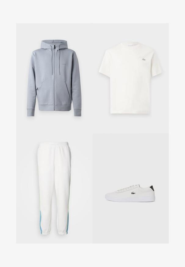 Gray zip-up hoodie with a smooth texture, hood, two front pockets, and ribbed cuffs. Features a small embroidered logo on the chest.; White cotton t-shirt with short sleeves, featuring a subtle embroidered logo and minimalistic design. Soft texture, crew neckline.; White sweatpants with elastic waistband, featuring green and blue side stripes. Soft fabric with a tapered ankle design.; White leather sneaker with round toe, lace-up front, and black heel accent. Features a small embroidered crocodile logo on the side.