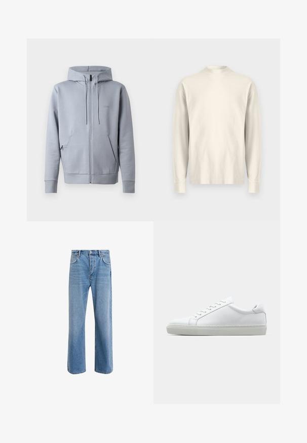 Grijze zip-up hoodie met een gladde textuur, capuchon, twee voorknoopzakken en geribde manchetten. Bevat een klein geborduurd logo op de borst.; Langsleeve, shirt met hoge kraag van lichtroom katoen. Gladde textuur, relaxed fit, minimalistisch ontwerp, geen zichtbare patronen of accenten.; Lichtblauwe denim jeans met een straight-leg ontwerp, vijf zakken, knoopsluiting, minimale vervaging en contrasterende stikseldetails.; Witte sneaker met een gladlederen bovenwerk en een laag profiel. Voorzien van een ronde neus, zes vetergaatjes en een gestructureerde rubberen zool.