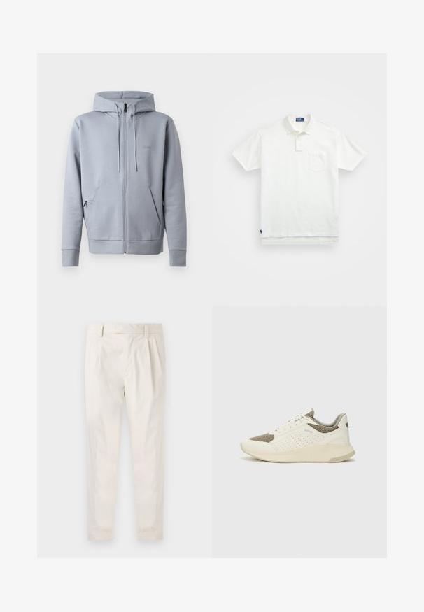Šedá mikina na zips s hladkou štruktúrou, kapucňou, dvoma prednými vreckami a rebrovanými manžetami. Na hrudi sa nachádza malé vyšívané logo.; Biela polo tričko vyrobené z bavlny, s klasickým golierom, trojbuttonovou légou a vreckom na ľavej hrudi; malé logo na spodnom leme.; Biele plisované nohavice s prispôsobeným strihom, s hladkou textúrou, pútkami na opasok a zúženými nohavicami. Žiadne viditeľné vrecká ani vzory.; Biele a svetlo béžové športové tenisky s hornou časťou z mriežkového materiálu, perforovanými detailmi a textúrovanou medzipodrážkou s logom na päte.