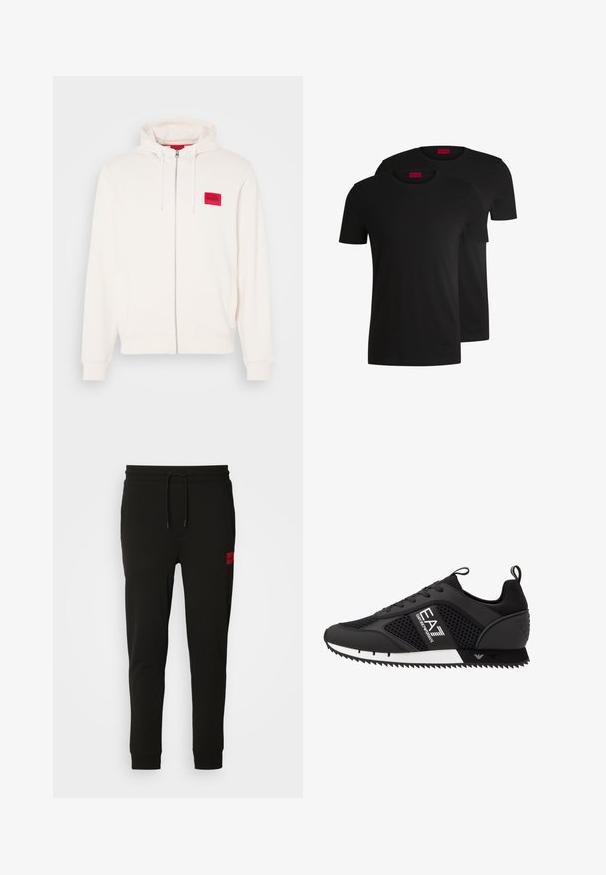 Hooded sweatshirt in off-white with a front zipper, featuring a red logo patch and side pockets, made of soft fabric.; Two black cotton t-shirts with short sleeves and crew necks. Both feature a red brand label at the neckline. Simple, classic design.; Black sweatpants made of soft fabric, featuring a drawstring waist, slim fit, and a red logo patch on the left thigh.; EA7 Emporio Armani Trainers - black/white