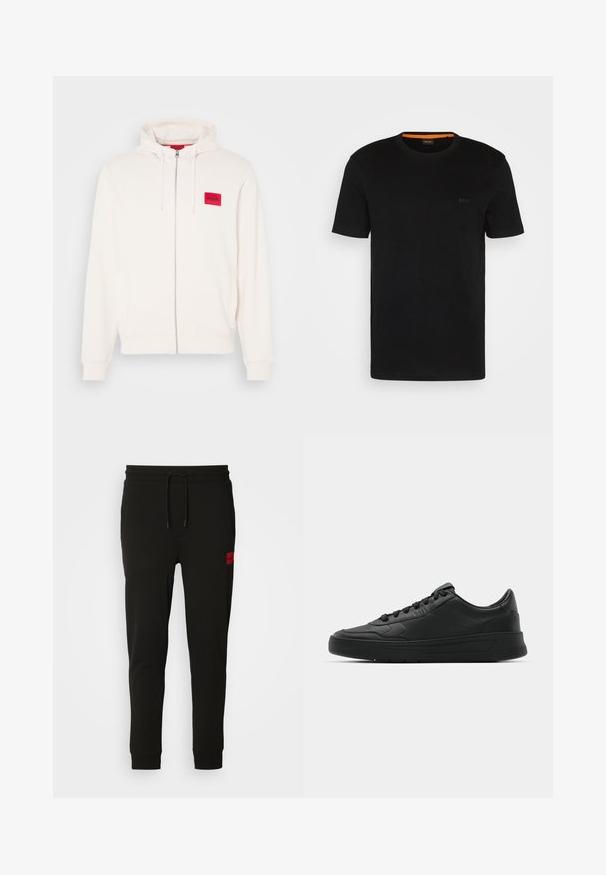 Hooded sweatshirt in off-white with a front zipper, featuring a red logo patch and side pockets, made of soft fabric.; Black short-sleeve t-shirt made of soft fabric, featuring a round neckline and a subtle logo on the front. Inside collar has orange accent.; Black sweatpants made of soft fabric, featuring a drawstring waist, slim fit, and a red logo patch on the left thigh.; Black sneaker with smooth leather upper, round toe, flat laces, cushioned collar, and minimalistic design. Rubber sole with subtle tread pattern.