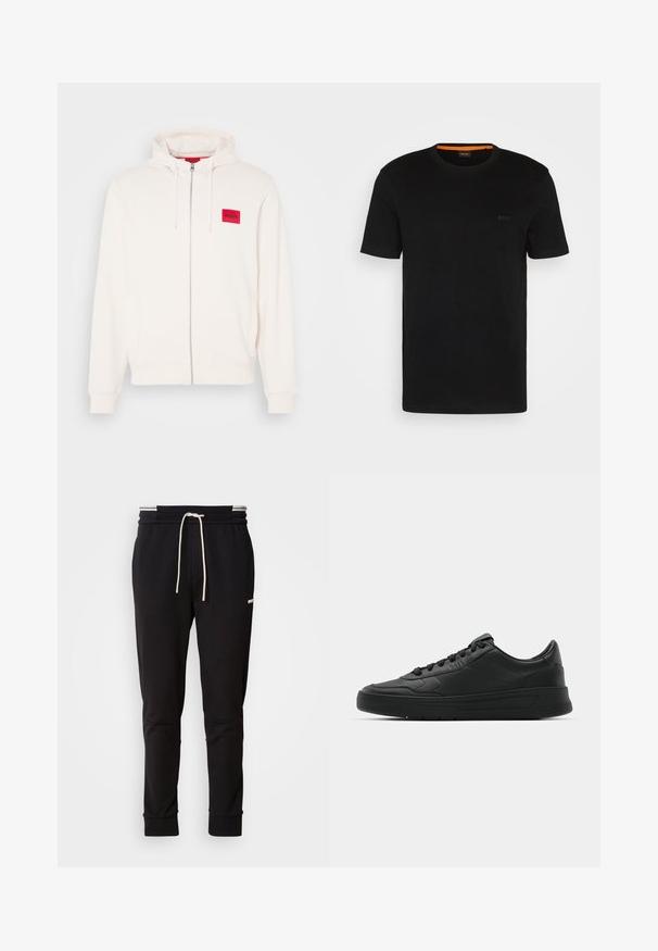 Sweat-shirt à capuche en blanc cassé avec une fermeture éclair sur le devant, featuring un écusson logo rouge et des poches latérales, fabriqué en tissu doux.; T-shirt noir à manches courtes fabriqué en tissu doux, avec un col rond et un logo discret à l'avant. Le col intérieur comporte un accent orange.; Pantalons de jogging noirs slim-fit avec cordon blanc, poignets côtelés et logo discret sur la cuisse, sur fond uni.; Baskets noires avec tige en cuir lisse, bout rond, lacets plats, col rembourré et design minimaliste. Semelle en caoutchouc avec un motif de traction subtil.