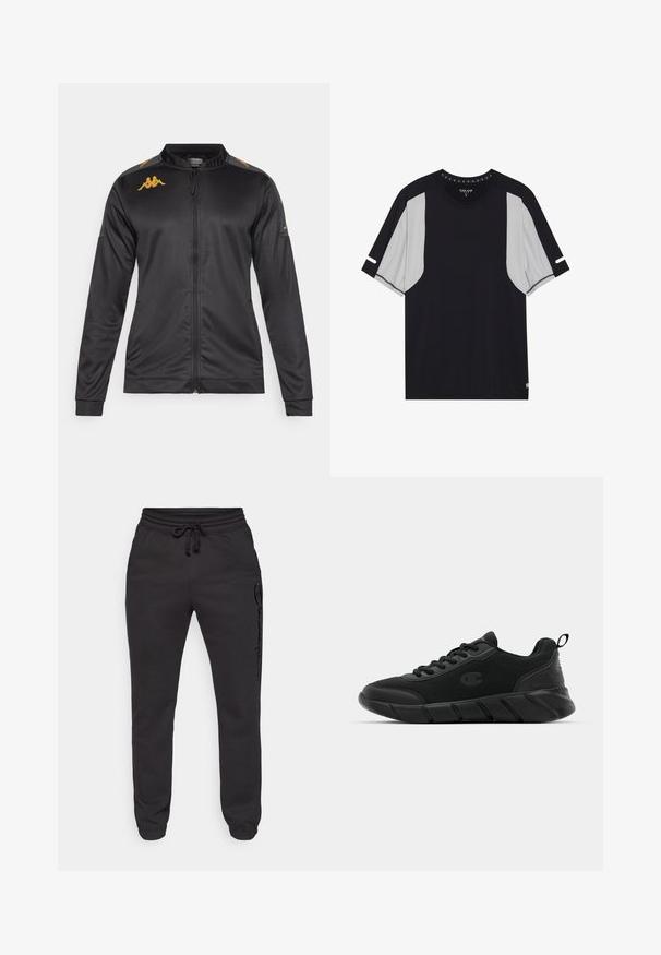 Giacca sportiva nera con zip realizzata in tessuto liscio. Presenta un colletto alto, maniche lunghe e loghi dorati sulle spalle.; Maglietta sportiva nera e grigia a maniche corte, con un pannello grigio testurizzato su ciascun lato e dettagli di cucitura minimi.; Champion ICONS ELASTIC-CUFF SLIM FIT - Pantaloni sportivi - black; Sneakers atletici neri con tomaia in rete, punta rinforzata, suola intermedia testurizzata e linguetta posteriore per una facile calzata. Logo visibile sul lato.