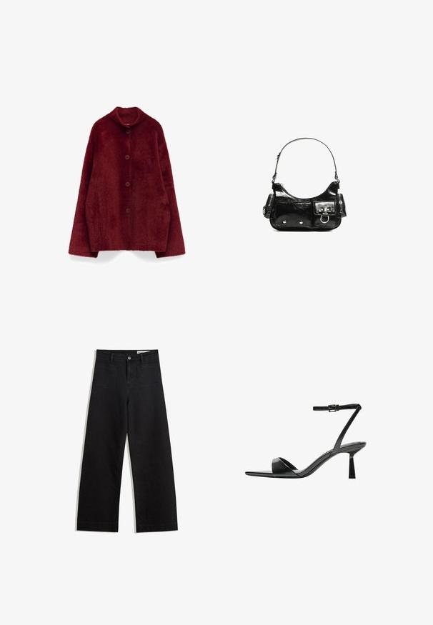 Bordeaux nepbont jas met een ruime kraag, vijf grote knopen en losse, verlengde mouwen. Zachte textuur met een luxe uitstraling.; Stradivarius Longsleeve - off white; Zwarte denim broek met wijde pijpen en een hoge taille, voorzien van voor- en achterzakken, gestikte naden en een knoopsluiting. Gladde textuur.; Bershka Sandalen met hoge hak - black; Zwarte laarzen in lakleer met een gebogen vorm, één schouderband, voorvakken en accenten in zilverkleurig metaal.