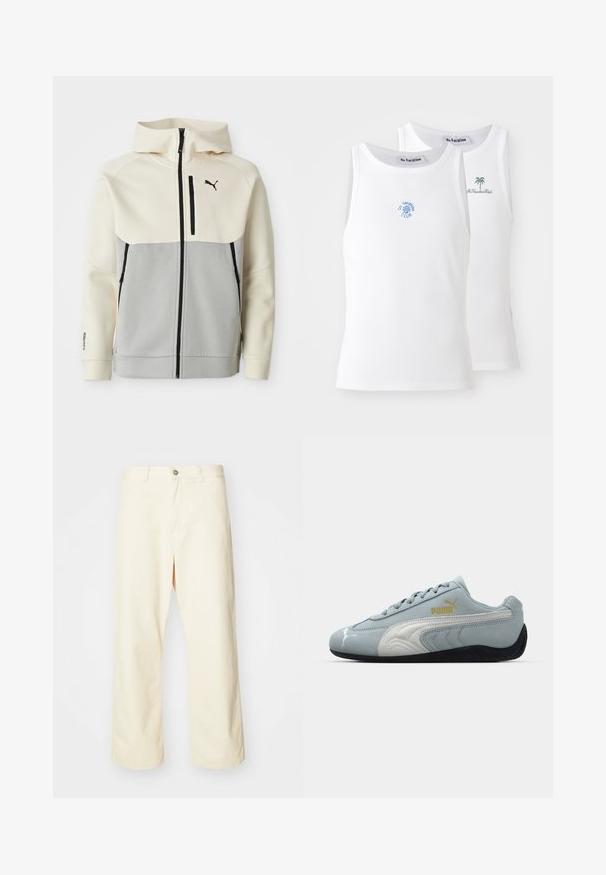 Puma takki, jossa on vaalea yläosa ja harmaa alaosa, edessä vetoketju, kaksi taskua ja mustat logo-akkentit.; Kaksi valkoista toppia, jossa on ribbitettu pinta, ja joissa on siniset ja vihreät brodeeratut logot. Toisessa on auringon muotoilu, toisessa palmu.; Valkoiset, leveälahkeiset housut, jotka on valmistettu puuvillasta ja joissa on napin suljenta, vyölenkit ja ommeltu helma. Sujuva rakenne, ei näkyviä kuvioita.; Vaaleansininen mokkasinjakosneakeri, jossa on valkoisia yksityiskohtia, teksturoitu sivusuunnittelu, musta kumipohja ja kultainen logo. Suunniteltu arkikäyttöön.