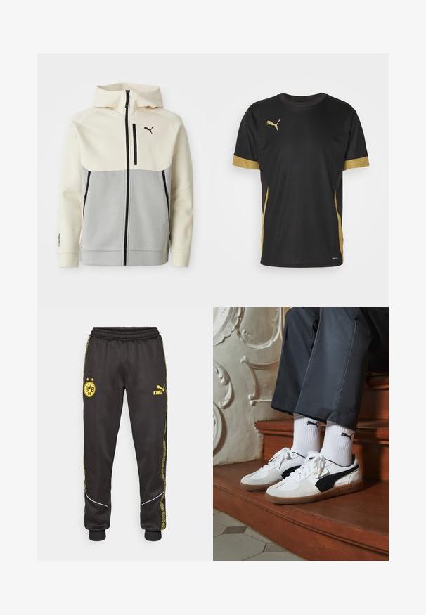Puma kapuutsiga jakk, millel on kreemivärvi ülemine osa ja hall alumine osa, ees zipp, kaks taskut ja musta logo aktsendid.; Musthave musternig musternig ja musternig musternig D mga t-t-s-is t-t-s-is T. Kolla musternig on kõrv ja musternig on jõud. Musternig, musternig on üles ja musternig on laht.; Mustad mustad püksid kollaste Borussia Dortmund BVB 09 ja Puma King logodega, elastse vöökoha ja mustriliste kollaste külgtriipudega.; Puma tossud valgest ja mustast südamikust, millel on pruun kummi tall. Kombineeritud valgete sokkidega, millel on must logo, kantud tumedate pükstega.
