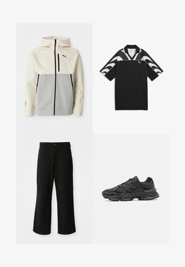 Veste à capuche Puma avec une partie supérieure crème et une section inférieure grise, dotée d'une fermeture éclair avant, de deux poches et d'accents de logo noir.; Maillot de sport noir avec un design à col en V, à manches courtes, et des motifs en vagues blancs sur la partie supérieure. Présente un petit logo blanc à l'avant.; Pantalons noirs à large jambe en tissu doux, dotés de poches avant et d'une fermeture à bouton à la taille. Design minimaliste sans motifs visibles.; Chaussure de course noire mettant en avant un mélange de mesh et de matériaux synthétiques, avec une semelle épaisse, un design arrondi et un logo bien visible sur le côté.
