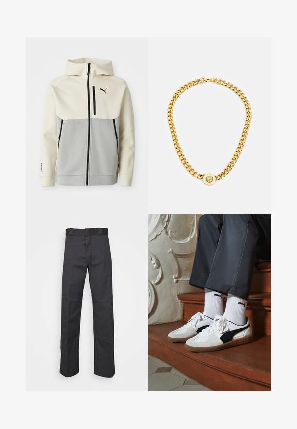 Puma bunda s kapucňou s krémovým vrchným dielom a šedou spodnou časťou, s predným zipsom, dvoma vreckami a čiernymi logo akcentmi.; Tri biele rebrované tielka vyrobené z bavlny. Majú okrúhly výstrih a malé čierne štítky pri leme. Dostupné v rôznych veľkostiach.; Čierne nohavice z odolnej tkaniny, s rovnými nohavicami, pásom s pútkami na opasok a švami pre zvýraznenie textúry.; Tenisky Puma v bielej a čiernej z semišu, s hnedou gumovou podrážkou. Kombinované s bielymi ponožkami s čiernym logom, nosené s tmavými nohavicami.; Zlatý náhrdelník s veľkými prepojenými článkami, ktorý má v strede okrúhly prívesok s vyvýšeným emblémom.