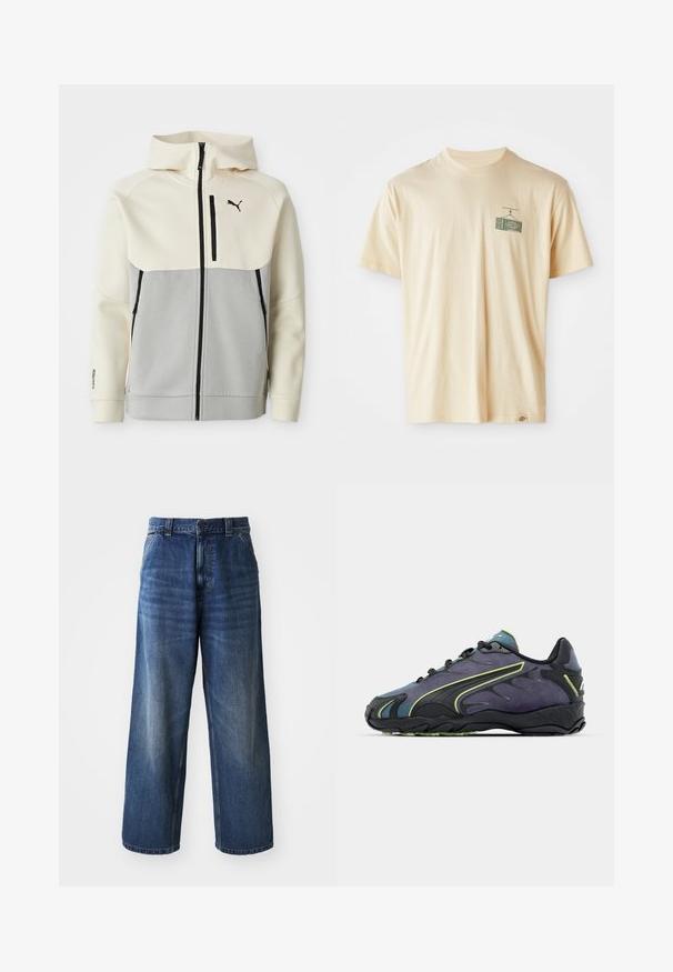 Puma gobtuvė su cream spalvos viršumi ir pilku apatine dalimi, su priekiniais užtrauktukais, dviem kišenėmis ir juodais logotipo akcentais.; Kreminės spalvos medvilninis marškinėliai su apvaliu kaklu, trumpomis rankovėmis ir grafiniu spaudiniu kairėje krūtinės pusėje, vaizduojančiu senovinį televizorių.; Aukštos talijos mėlynos džinsinės kelnės su plačiomis kojomis, su subtiliu blukimu, priekinėmis kišenėmis ir sagčių uždarymu juosmenyje.; Juodos ir violetinės sportinės bateliai su tekstūruota viršutine dalimi, žaliais akcento linijomis ir guminėmis padais, turinčiomis banguotą dizainą. Su raišteliais.