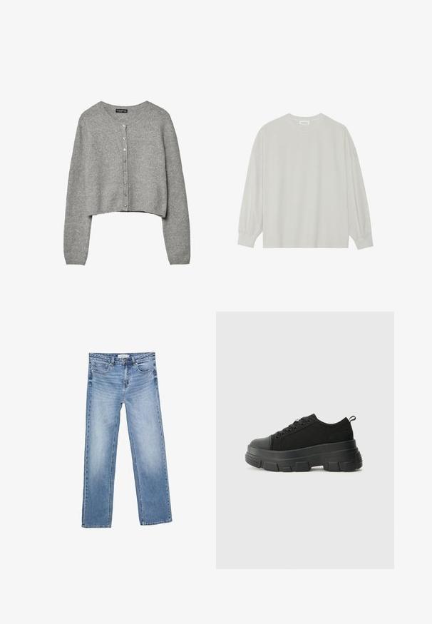 Cardigan grigio corto realizzato in morbido tessuto a maglia, con scollatura rotonda, maniche lunghe e apertura frontale con bottoni metallici.; T-shirt a maniche lunghe grigio chiaro realizzato in cotone morbido. Presenta una vestibilità ampia, scollatura rotonda e polsini delicatamente arricciati. Nessun motivo o grafica.; Jeans in denim blu a gamba dritta, con un lavaggio sbiadito, cinque tasche e una chiusura a bottone classica. Materiale in cotone con cuciture ben visibili.; Sneaker nere con suola in gomma spessa, superiore in tessuto testurizzato, punta rotonda e design con lacci. Presenta occhielli rinforzati e linguetta sul retro.