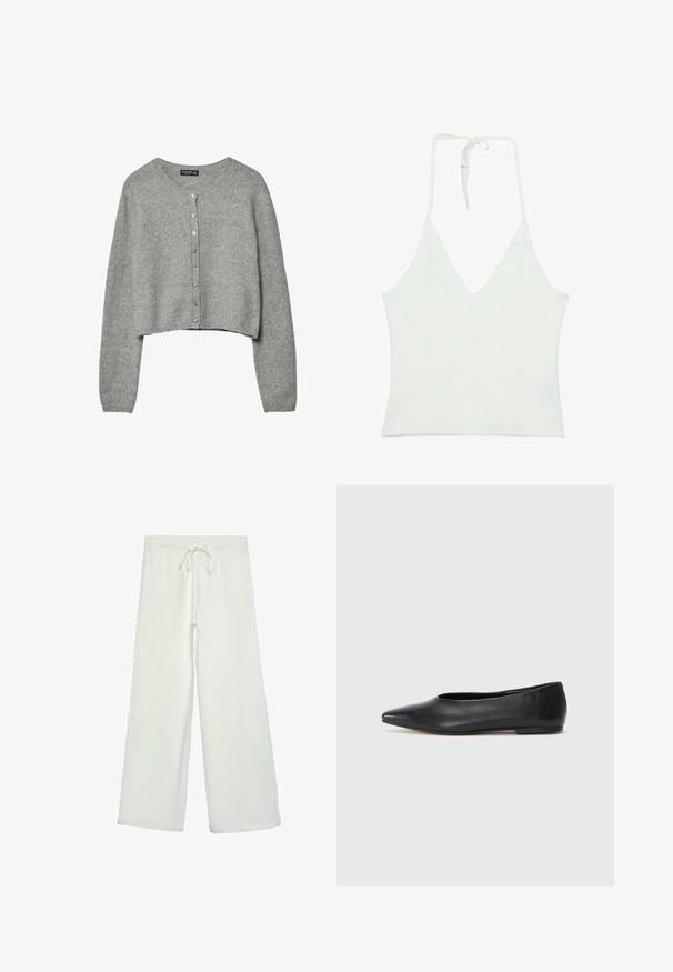 Cardigan grigio corto realizzato in morbido tessuto a maglia, con scollatura rotonda, maniche lunghe e apertura frontale con bottoni metallici.; Top bianco con scollatura a V profonda e spalline a halter. Realizzato in un tessuto leggero e morbido. Presenta una chiusura regolabile con lacci sul retro.; Pantaloni bianchi a gamba larga realizzati in un tessuto morbido. Presentano un elastico in vita con cordino e una consistenza liscia. Senza motivi visibili o accessori.; Ballerine in pelle nera, punta affusolata, design minimalista, texture liscia, tacco basso, senza hardware o decorazioni visibili.